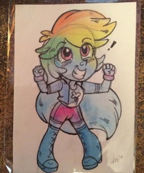 Size: 600x722 | Tagged: safe, artist:marybellamy, character:rainbow dash, my little pony:equestria girls, chibi, exclamation point, long hair, mixed media, pencil drawing, pose, traditional art, watercolor painting