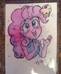 Size: 600x722 | Tagged: safe, artist:marybellamy, character:pinkie pie, my little pony:equestria girls, cupcake, food, looking up, mixed media, pencil drawing, smiling, traditional art, waist up, watercolor painting