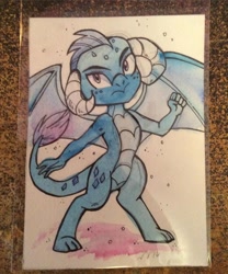 Size: 600x720 | Tagged: safe, artist:marybellamy, character:princess ember, species:dragon, chibi, dragon lord ember, looking at you, mixed media, pencil drawing, spread wings, traditional art, wings