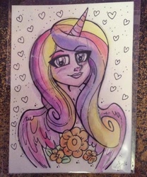 Size: 600x722 | Tagged: safe, artist:marybellamy, character:princess cadance, species:alicorn, species:human, species:pony, alicorn humanization, bust, flower, horned humanization, humanized, looking at you, mixed media, pencil drawing, traditional art, winged humanization, wings