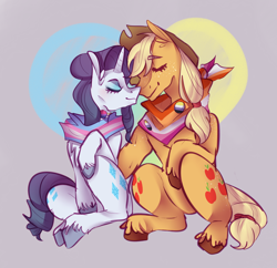 Size: 1550x1500 | Tagged: safe, artist:corporalvortex, character:applejack, character:rarity, species:earth pony, species:pony, species:unicorn, ship:rarijack, applejack's hat, bisexual pride flag, both cutie marks, butch, butt freckles, button, clothing, cowboy hat, cute, ear fluff, eyes closed, eyeshadow, female, freckles, gender headcanon, hat, headcanon, heart, jackabetes, jewelry, makeup, mare, masculine mare, nonbinary, nonbinary pride flag, nuzzling, pride, raribetes, scarf, sexuality headcanon, shipping, simple background, sitting, trans female, transgender pride flag, unshorn fetlocks