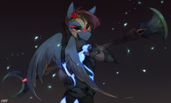 Size: 2120x1280 | Tagged: safe, artist:varllai, oc, oc:avrir, species:anthro, species:pegasus, species:pony, armor, fanart, game, glaive, looking at you, monster hunter, monster hunter: world, solo, weapon