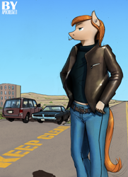 Size: 1958x2699 | Tagged: safe, artist:apocheck13, oc, oc only, species:anthro, anthro oc, car, cigarette, clothing, desert, dodge charger, female, jacket, jeans, leather jacket, pants, road, smoking, solo