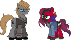 Size: 2000x1125 | Tagged: safe, artist:theeditormlp, oc, oc only, oc:crimson glow, oc:the editor, species:earth pony, species:pony, clothing, female, glasses, jacket, male, mare, simple background, stallion, sweater vest, transparent background, vector