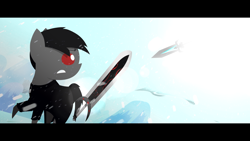 Size: 2666x1500 | Tagged: safe, artist:darksoma, oc, oc only, oc:darksoma, species:pony, blade of fate, blizzard, cinematic, cinematic bars, exclusive, fight, lens flare, red eyes, snow, snowfall, snowy wasteland, solo, spear, species:darksider, sword, the darksiders, void crystal, weapon