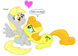 Size: 564x410 | Tagged: safe, artist:shutterflye, character:carrot top, character:derpy hooves, character:golden harvest, species:earth pony, species:pegasus, species:pony, ship:derpytop, background pony, blushing, crying, female, flockdraw, heart, hug, lesbian, mare, shipping, sproing, wingboner