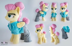 Size: 1116x716 | Tagged: safe, artist:meplushyou, character:fluttershy, species:pegasus, species:pony, episode:fake it 'til you make it, alternate hairstyle, clothing, female, frown, hair bun, irl, looking at you, mare, outfit, photo, plushie, severeshy, solo, unamused
