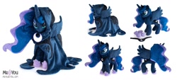 Size: 1331x600 | Tagged: safe, artist:meplushyou, character:princess luna, species:alicorn, species:pony, episode:a hearth's warming tail, g4, my little pony: friendship is magic, female, hoof shoes, irl, jewelry, mare, peytral, photo, plushie, regalia, simple background, smiling, solo, spirit of hearth's warming yet to come, spread wings, white background, wings