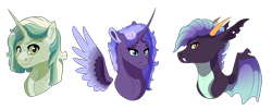 Size: 4000x1621 | Tagged: safe, artist:venommocity, oc, oc only, oc:aislinn spark, oc:chatty cathy, oc:dante, parent:princess luna, parent:spike, parent:tempest shadow, parent:thorax, parents:tempestluna, parents:thoraxspike, species:alicorn, species:pony, species:unicorn, dragonling, female, high res, hybrid, interspecies offspring, magical gay spawn, magical lesbian spawn, mare, offspring, simple background, transparent background