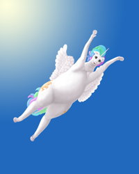 Size: 1200x1500 | Tagged: safe, artist:soobel, character:princess celestia, species:alicorn, species:pony, both cutie marks, chubbylestia, fat, female, flying, looking at you, looking down at you, solo, uncanny valley