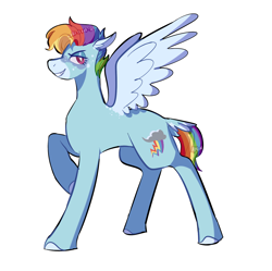 Size: 1508x1502 | Tagged: safe, artist:corporalvortex, part of a set, character:rainbow dash, species:pegasus, species:pony, g5 leak, leak, alternate cutie mark, alternate design, alternate hairstyle, bird tail, coat markings, colored hooves, colored wings, female, mare, masculine mare, multicolored hair, rainbow dash (g5), rainbow hair, raised hoof, short hair, short tail, simple background, smiling, solo, tail feathers, white background, wings