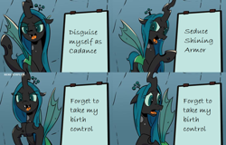 Size: 1116x716 | Tagged: safe, artist:pony-berserker edits, edit, character:queen chrysalis, species:changeling, birth control, changeling queen, chrysalis' plan, comic, despicable me, exploitable meme, female, gru's plan, meme, oops, open mouth, solo, this will end in pregnancy, whoops