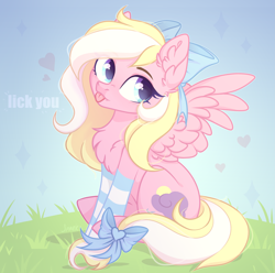 Size: 4149x4108 | Tagged: safe, artist:sparkling_light, oc, oc only, oc:bay breeze, species:pegasus, species:pony, blushing, bow, chest fluff, clothing, cute, ear fluff, female, hair bow, mare, ocbetes, sitting, socks, spread wings, striped socks, tail bow, text, tongue out, wings, ych result