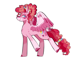 Size: 1870x1502 | Tagged: safe, artist:corporalvortex, part of a set, character:pinkie pie, species:pegasus, species:pony, g5 leak, leak, alternate cutie mark, alternate design, alternate hairstyle, coat markings, colored hooves, colored wings, cute, dancing, diapinkes, female, happy, mare, pegasus pinkie pie, pinkie pie (g5), ponytail, race swap, simple background, smiling, socks (coat marking), solo, tail feathers, two toned mane, white background, wings