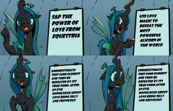 Size: 2133x1366 | Tagged: safe, artist:pony-berserker edits, edit, character:queen chrysalis, species:changeling, episode:a canterlot wedding, g4, my little pony: friendship is magic, changeling queen, chrysalis' plan, comic, despicable me, didn't think this through, fangs, female, gru's plan, irony, meme, open mouth, solo, you had one job