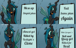 Size: 800x513 | Tagged: safe, artist:pony-berserker edits, edit, character:queen chrysalis, species:changeling, episode:a canterlot wedding, episode:frenemies, episode:the mean 6, episode:to where and back again, g4, my little pony: friendship is magic, changeling queen, chrysalis is an idiot, chrysalis' plan, despicable me, female, the definition of insanity