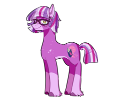 Size: 1870x1502 | Tagged: safe, artist:corporalvortex, part of a set, character:twilight sparkle, species:earth pony, species:pony, g5 leak, leak, alternate color palette, alternate cutie mark, alternate design, alternate hairstyle, coat markings, colored hooves, cute, dock, ear fluff, earth pony twilight, female, glasses, mare, redesign, short hair, short tail, simple background, smiling, socks (coat marking), solo, standing, twiabetes, twilight sparkle (g5), white background