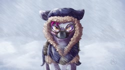 Size: 1024x576 | Tagged: safe, artist:klarapl, oc, oc:zjin-wolfwalker, species:zebra, blizzard, cloak, clothing, female, lidded eyes, quadrupedal, snow, snow goggles, snow mask, snowfall, solo
