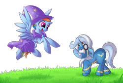 Size: 4000x2700 | Tagged: safe, alternate version, artist:autumnvoyage, artist:lordvaltasar, character:rainbow dash, character:trixie, species:pony, accessory swap, angry, cape, clothes swap, clothing, collaboration, cute, dashabetes, duo, flying, goggles, grass, hat, looking at each other, scowl, simple background, spread wings, transparent background, trixie is not amused, trixie's cape, trixie's hat, unamused, uniform, wings, wonderbolts uniform