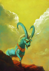 Size: 1375x2000 | Tagged: safe, artist:bra1neater, character:grogar, species:ram, abstract background, cloud, fine art emulation, male, painting, quadrupedal, sky, solo