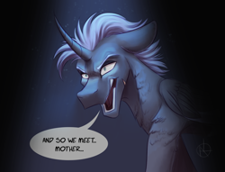 Size: 2621x2000 | Tagged: safe, artist:klarapl, oc, oc only, oc:panther, species:alicorn, species:pony, alicorn oc, dialogue, gift art, high res, next generation, open mouth, solo, speech bubble