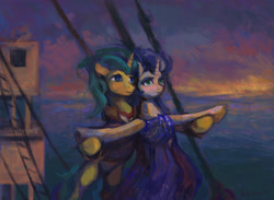 Size: 1630x1190 | Tagged: safe, artist:malinetourmaline, species:pony, species:unicorn, bipedal, boat, clothing, dress, looking away, ocean, ship, spread hooves, standing, titanic