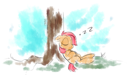 Size: 1269x752 | Tagged: safe, artist:owl-eyes, character:babs seed, female, sleeping, solo, tree, zzz