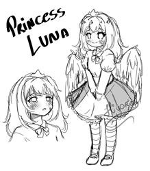 Size: 2800x3200 | Tagged: safe, artist:kawurin, character:princess luna, species:alicorn, species:human, species:pony, my little pony:equestria girls, clothing, cute, dress, female, humanized, monochrome, sketch, solo, winged humanization, wings, young luna