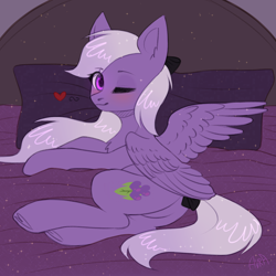 Size: 2000x2000 | Tagged: safe, artist:avrameow, oc, oc:yoko, species:pony, bed, heart, one eye closed, pegasus oc, pillow, sparkles, wink, ych result