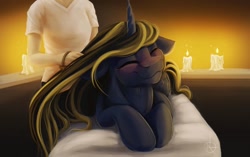 Size: 1280x806 | Tagged: safe, artist:klarapl, oc, oc:sable, species:alicorn, species:human, species:pony, alicorn oc, blushing, brushing, candle, commission, duo, eyes closed, female, mare, misleading thumbnail, smiling