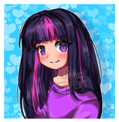 Size: 881x907 | Tagged: safe, artist:kawurin, character:twilight sparkle, species:human, abstract background, anime, anime style, bust, female, girly, humanized, messy hair, solo