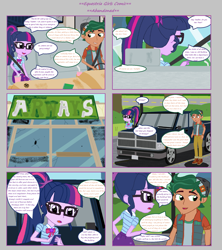 Size: 1808x2039 | Tagged: safe, artist:thomaszoey3000, character:timber spruce, character:twilight sparkle, character:twilight sparkle (scitwi), species:eqg human, comic:abandoned, ship:timbertwi, g4, my little pony: equestria girls, my little pony:equestria girls, car, clothing, female, geode of telekinesis, glasses, magical geodes, male, ponytail, shipping, shoes, skirt, straight, truck