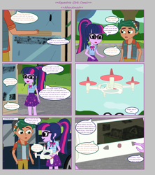 Size: 1808x2039 | Tagged: safe, artist:thomaszoey3000, character:timber spruce, character:twilight sparkle, character:twilight sparkle (scitwi), species:eqg human, comic:abandoned, ship:timbertwi, g4, my little pony: equestria girls, my little pony:equestria girls, clothing, comic, drone, female, geode of telekinesis, glasses, magical geodes, male, ponytail, shipping, skirt, sky, straight