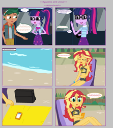 Size: 1808x2039 | Tagged: safe, artist:thomaszoey3000, character:sunset shimmer, character:timber spruce, character:twilight sparkle, character:twilight sparkle (scitwi), species:eqg human, comic:abandoned, g4, my little pony: equestria girls, my little pony:equestria girls, beach, cellphone, clothing, geode of empathy, geode of telekinesis, glasses, magical geodes, pants, phone, skirt, smartphone, swimsuit