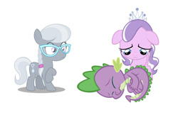 Size: 750x485 | Tagged: safe, artist:brony-works, artist:claritea, artist:iamcommando13, edit, editor:undeadponysoldier, character:diamond tiara, character:silver spoon, character:spike, species:earth pony, species:pony, concerned, confused, crying, female, filly, floppy ears, glasses, jewelry, necklace, pearl necklace, sad, simple background, spikelove, tiara, white background