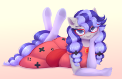 Size: 1731x1119 | Tagged: safe, artist:sparkling_light, oc, oc only, oc:cinnabyte, species:anthro, species:earth pony, species:unguligrade anthro, g4, adorasexy, adorkable, anthro oc, bedroom eyes, clothing, colored eyebrows, cute, dork, dress, earth pony oc, eyebrows, female, glasses, gloves, gradient background, lidded eyes, looking at you, lying down, mare, prone, sexy, socks, stockings, thigh highs, underhoof, ych result