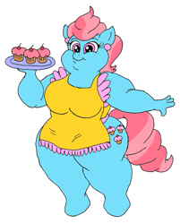 Size: 799x992 | Tagged: safe, artist:beau-skunk, artist:equestianracer, character:cup cake, species:anthro, species:unguligrade anthro, apron, cake, chubby, chubby cake, clothing, cupcake, cute, fat, female, food, naked apron, obese, platter, thick cup cake
