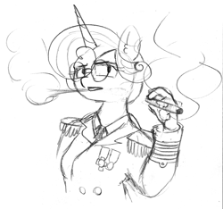 Size: 989x926 | Tagged: safe, artist:eow, character:princess flurry heart, species:alicorn, species:anthro, species:pony, admiral, cigar, clothing, eye clipping through hair, female, glasses, lineart, medal, monochrome, older, smoke, smoking, traditional art, uniform