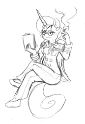 Size: 995x1435 | Tagged: safe, artist:eow, character:princess flurry heart, species:alicorn, species:anthro, species:pony, g4, cigar, clothing, eye clipping through hair, female, glasses, lineart, medal, monochrome, older, reading, sitting, smoke, smoking, solo, uniform