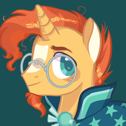 Size: 1000x1000 | Tagged: safe, artist:corporalvortex, character:sunburst, species:pony, species:unicorn, beard, bust, clothing, facial hair, glasses, green background, horn, icon, male, messy mane, robe, simple background, solo, stallion, sunburst's glasses, sunburst's robe