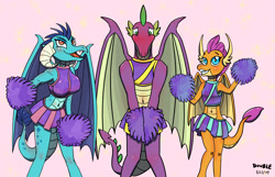 Size: 2800x1800 | Tagged: safe, artist:peichenphilip, character:princess ember, character:smolder, character:spike, species:anthro, episode:2-4-6 greaaat, belly button, blushing, cheerleader, cheerleader ember, cheerleader smolder, cheerleader spike, clothing, covering, crossdressing, embarrassed, midriff, pom pom, skirt, sports bra