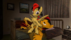 Size: 3840x2160 | Tagged: safe, artist:charlydasher, oc, oc:alpha, oc:golden bullet, species:pegasus, species:pony, 3d, alone, bed, bedroom, bedroom ponies, excited, featureless crotch, female, grin, indoors, irritated, male, mare, night, pegasus oc, privacy, sitting on, sitting on pony, smiling, source filmmaker, spread wings, stallion, unamused, we don't normally wear clothes, wide eyes, wingboner, wings