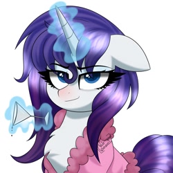 Size: 1024x1024 | Tagged: safe, artist:vale-bandicoot96, character:rarity, species:pony, species:unicorn, bathrobe, chest fluff, clothing, cute, female, floppy ears, glass, looking at you, magic, mare, robe, simple background, solo, telekinesis, wet mane, white background