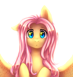 Size: 1900x2000 | Tagged: safe, artist:avrameow, character:fluttershy, species:pegasus, species:pony, :<, backlighting, bust, cute, dawwww, ear down, female, floppy ears, full face view, heart eyes, hooves to the chest, looking at you, mare, one ear down, portrait, pure, shyabetes, simple background, solo, spread wings, white background, wholesome, wingding eyes, wings