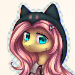 Size: 2000x2000 | Tagged: safe, artist:avrameow, character:fluttershy, species:pegasus, species:pony, bust, chiaki nanami, clothing, crossover, cute, danganronpa, danganronpa 2, female, hair ornament, hood, looking at you, mare, outline, portrait, shyabetes, simple background, solo, three quarter view, white background