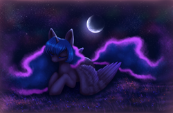 Size: 4200x2740 | Tagged: safe, artist:avrameow, character:princess luna, species:alicorn, species:pony, crescent moon, ethereal mane, eyes closed, female, grass, mare, moon, night, outdoors, prone, solo, spread wings, starry night, stars, three quarter view, wings