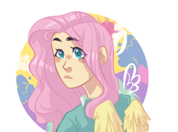 Size: 2750x2050 | Tagged: safe, artist:corporalvortex, character:fluttershy, species:human, bust, circle, eye clipping through hair, eyebrows, eyebrows visible through hair, female, humanized, looking at you, looking back, looking back at you, solo, winged humanization, wings