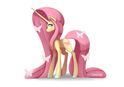 Size: 3508x2480 | Tagged: safe, artist:demonfox, artist:thedemonfoxy, character:fluttershy, species:pony, species:unicorn, g5 leak, female, fluttershy (g5), horn, long horn, mare, simple background, solo, unicorn fluttershy, white background