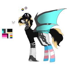 Size: 7370x6803 | Tagged: safe, artist:moonlight0shadow0, oc, oc only, oc:envoifal, species:bat pony, species:pony, badge, bandage, bat pony oc, beanie, blank flank, chest fluff, choker, clothing, ear piercing, earring, fangs, gay pride flag, hat, jewelry, male, markings, nose piercing, nose ring, piercing, reference sheet, shirt, simple background, socks, solo, spiked choker, stallion, striped socks, tongue out, tongue piercing, trans male, transgender, transgender pride flag, transparent background, unshorn fetlocks