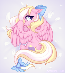 Size: 1804x2044 | Tagged: safe, artist:sparkling_light, oc, oc only, oc:bay breeze, species:pegasus, species:pony, bow, cute, dock, female, hair bow, looking at you, looking back, looking back at you, mare, simple background, solo, tail bow